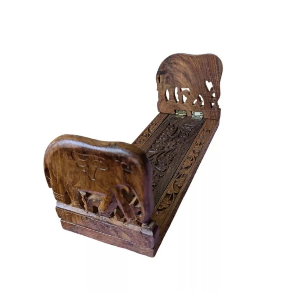 Vtg Ornate Handcarved Elephant Wood Slide Expandable Bookrack Ends Shelf India - Picture 2 of 16